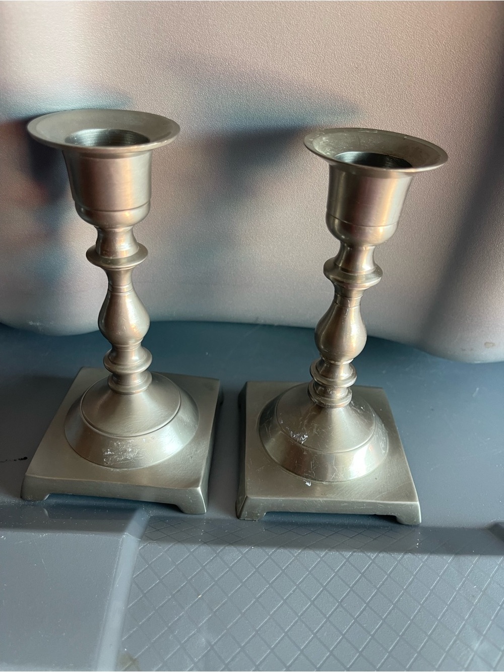 Restoration Hardware Silver Turned Metal Candlestick Pair